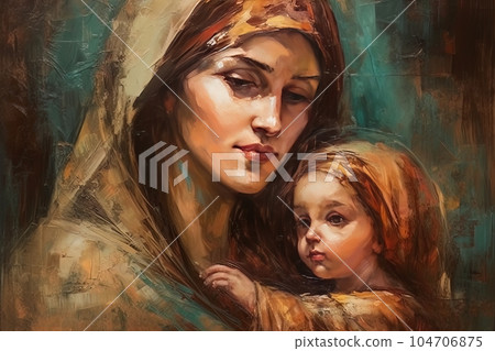 Photo illustration of the Orthodox Mother of God Virgin Mary with the baby biblical picture AI 104706875