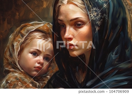 Photo illustration of the Orthodox Mother of God Virgin Mary with the baby biblical picture AI 104706909