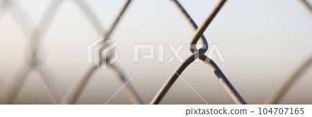 Metal chain links wire-mesh rabitz on blurred background 104707165