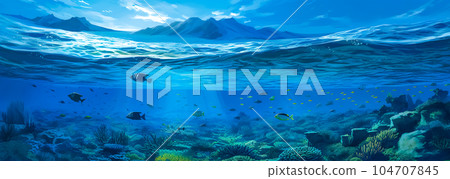 blue underwater and above water world with fish and coral reef, banner made with Generative AI 104707845