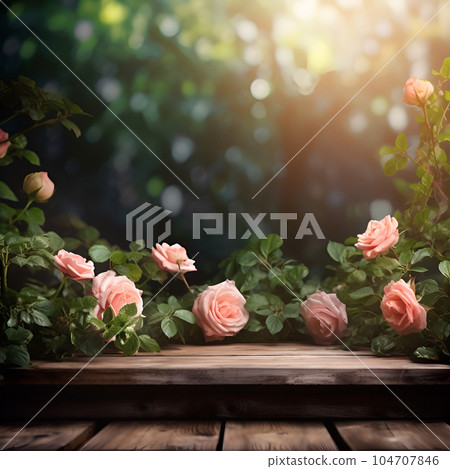 Pink roses backgrounds with empty wooden table for product display.Generated AI 104707846