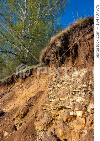Outcrop of geological rocks. The bedrock is clay and limestone topped with Quaternary deposits Outcrop of geological rocks. The bedrock is clay and limestone topped with Quaternary deposits 104707978