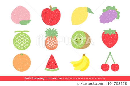 流行手繪風格水果和水果矢量圖標插畫素材集，帶有可愛的沖壓紋理 104708558