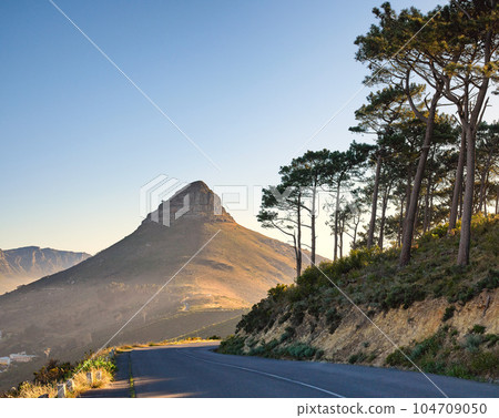 Beautiful view of mountain named Lions Head on sunny Summer day. Nature around includes green trees ahead with road beside to enjoy drives. Area is in Cape Town in the Western Cape of South Africa. Beautiful view of mountain named Lions Head on sunny Summer day. Nature around includes green trees ahead with road beside to enjoy drives. Area is in Cape Town in the Western Cape of South Africa. 104709050