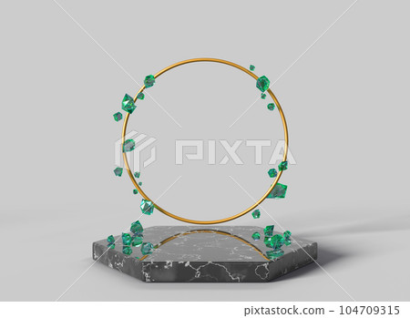 Black marble hexagon podium with metal circle frame and gem emerald stones, 3d render mockup banner. Luxury award pedestal, empty stage with green crystals, stand for product displays. 3D illustration 104709315