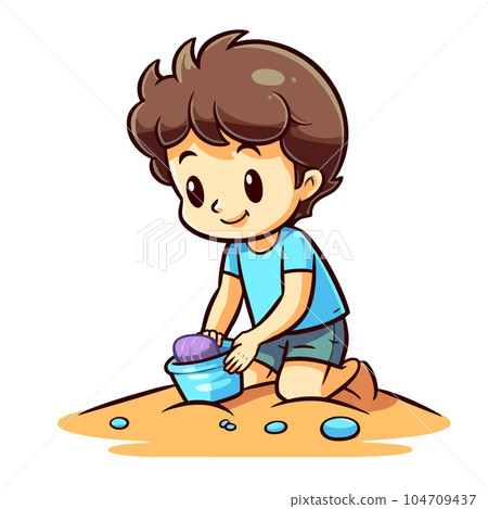 Vector Illustration, Cartoon Little Boy Character Looking for Shells Vector Illustration, Cartoon Little Boy Character Looking for Shells 104709437