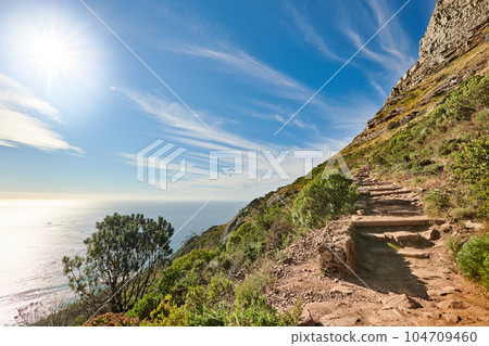 Copy space with scenic coast and rocky mountain slope with cloudy blue sky background. Rugged landscape of plants growing on a cliff by the sea with hiking trails to explore in Cape Town South Africa Copy space with scenic coast and rocky mountain slope with cloudy blue sky background. Rugged landscape of plants growing on a cliff by the sea with hiking trails to explore in Cape Town South Africa 104709460