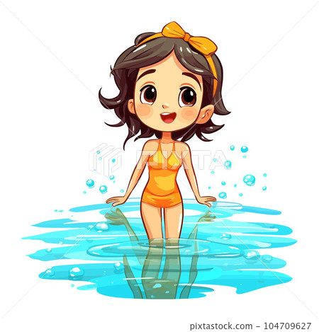 Vector Illustration, Cartoon Little Girl wearing Swimsuits playing in the Water Vector Illustration, Cartoon Little Girl wearing Swimsuits playing in the Water 104709627