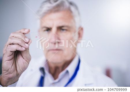 Test, microscope slide and man with research, medical and sample with discovery, blood and laboratory. Male person, researcher and scientist with data analysis, dna testing and healthcare study with 104709999