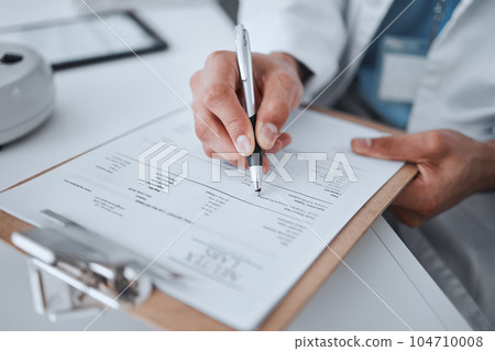 Data, writing and science with hands of man in laboratory for report, pharmacy and medical. Checklist, healthcare and medicine with closeup of scientist and clipboard for research, vaccine and study 104710008