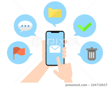 Illustration of a hand holding a smartphone with icons related to mail 104710037