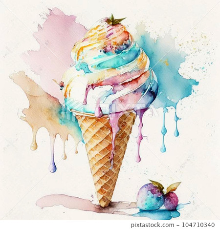 Ice cream in the waffle cone on white background in watercolor style. 104710340