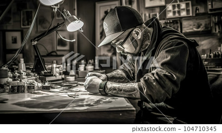 arm art artist studio, tattooed man in art workshop, made with Generative AI 104710345