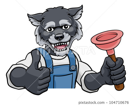 Wolf Plumber Cartoon Mascot Holding Plunger 104710676