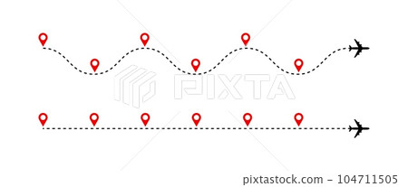Timeline. Plane route dashed line with red map pins, airplane journey path chart with six steps. Success business process diagram vector timelines infographics 104711505