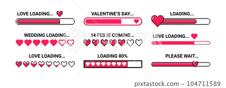 Love loading. Romantic loader with heart icons, happy wedding, valentines day and love concept stickers. Retro 8, 16-bit game pixel art vector set Love loading. Romantic loader with heart icons, happy wedding, valentines day and love concept stickers. Retro 8, 16-bit game pixel art vector set 104711589