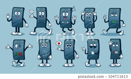 Smartphone character. Cartoon mascot phone. Mobile screen face emotions. Comic mobile phone poses with hand and leg, funny staying gadget, device sending email, vector set Smartphone character. Cartoon mascot phone. Mobile screen face emotions. Comic mobile phone poses with hand and leg, funny staying gadget, device sending email, vector set 104711613