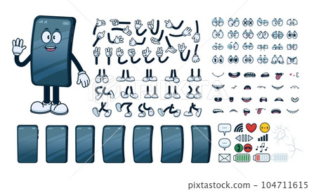 Cartoon mascot phone. Constructor phone character mobile smartphone. Smart mobile gadget with faces, funny eyes, smiling mouth. Cellphone poses vector set Cartoon mascot phone. Constructor phone character mobile smartphone. Smart mobile gadget with faces, funny eyes, smiling mouth. Cellphone poses vector set 104711615