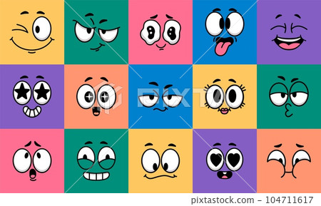 Cartoon face expression. Emotion comic face character on colors. Funny avatars with eyes and mouth. Caricature facial laugh, kiss, love mood. Vector illustration 104711617