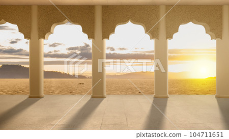 Mosque door arch with landscape view 104711651