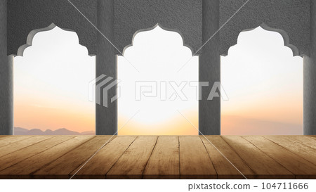 Wooden floor with mosque door arch with landscape view Wooden floor with mosque door arch with landscape view 104711666