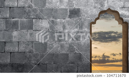 Mosque door arch with landscape view Mosque door arch with landscape view 104711670