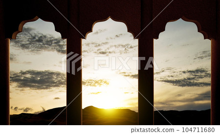 Mosque door arch with landscape view Mosque door arch with landscape view 104711680