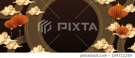 Illustration with round frame, brown clouds and lanterns in paper art style 104712289