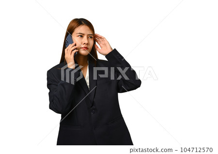 Confused businesswoman talking on mobile phone and expressing doubt, isolated white background 104712570