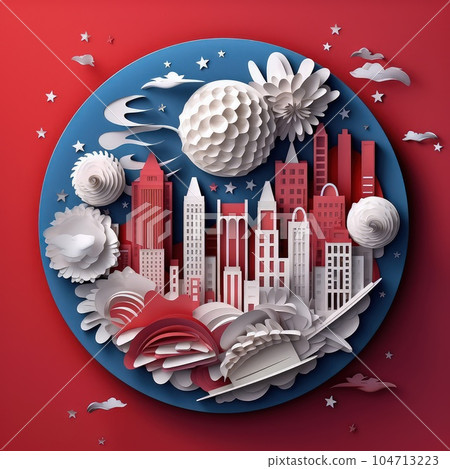 Stars and Stripes in Paper 3D Paper Cut Craft Illustration for 4th of July. 104713223