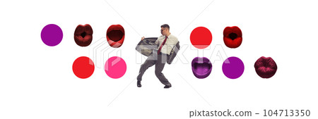 Contemporary art collage. Active young man in retro style clothes dancing over white background with female lips around 104713350