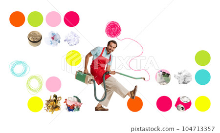 Contemporary art collage. Cheerful man dancing with vacuum cleaner over white background. Cleaning place 104713357