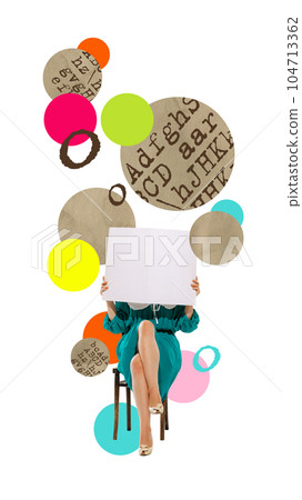 Contemporary art collage. Stylish young woman sitting on chair and reading newspaper. Flow of information Contemporary art collage. Stylish young woman sitting on chair and reading newspaper. Flow of information 104713362