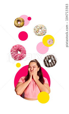 Contemporary art collage. Young overweight woman dreaming about sweet and delicious donuts. Sweets addiction 104713363