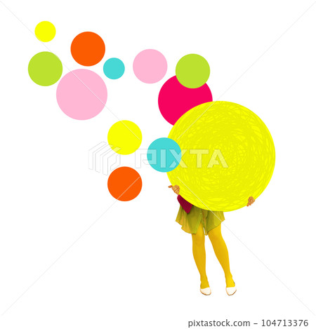 Contemporary art collage. Woman in bright thighs and clothes standing on white background with multicolored circles Contemporary art collage. Woman in bright thighs and clothes standing on white background with multicolored circles 104713376