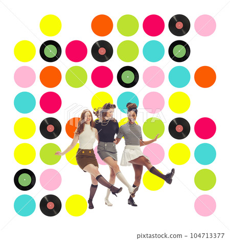Contemporary art collage. Stylish young girls in retro clothes cheerfully dancing and having fun. Contemporary art collage. Stylish young girls in retro clothes cheerfully dancing and having fun. 104713377