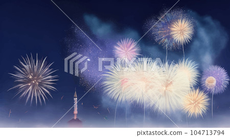 Watercolor illustration of fireworks in the night sky Generative AI 104713794