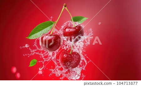 Cherries in water splash on red background. Generative AI Cherries in water splash on red background. Generative AI 104713877