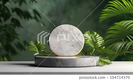Realistic empty podium with leaves. Marble podium. 104714370