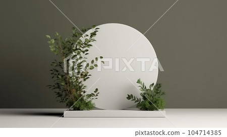 Realistic cylinder pedestal podium set 3D background with curtain and green leaf. Realistic cylinder pedestal podium set 3D background with curtain and green leaf. 104714385