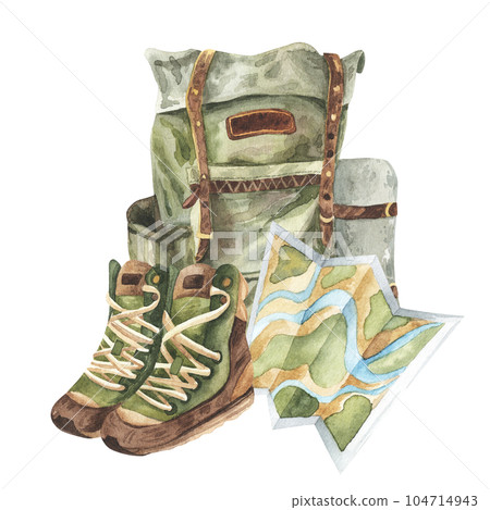 Green vintage backpack and hiking boots with map. Hand drawn watercolor illustration isolated on white background. Camping, travel, hiking concept. For stickers, design, web Green vintage backpack and hiking boots with map. Hand drawn watercolor illustration isolated on white background. Camping, travel, hiking concept. For stickers, design, web 104714943