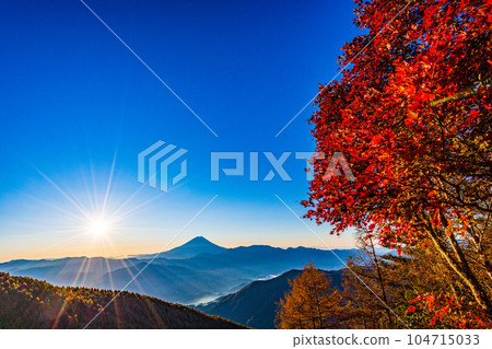 (Yamanashi Prefecture) Mt. Fuji through the autumn leaves of Mt. Kushigata (Yamanashi Prefecture) Mt. Fuji through the autumn leaves of Mt. Kushigata 104715033