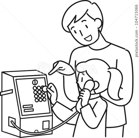 Girl practicing calling with man teaching how to use payphone 104715066