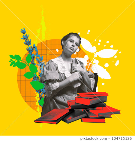 Contemporary art collage. Tender dreamy young girl standing with many books over bright yellow background Contemporary art collage. Tender dreamy young girl standing with many books over bright yellow background 104715126