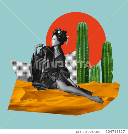 Contemporary art collage. Elegant young asian woman in silk clothes sitting over abstract background Contemporary art collage. Elegant young asian woman in silk clothes sitting over abstract background 104715127