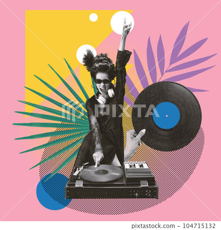 Contemporary art collage. Party time. Emotional, beautiful, young woman, royal person, dj playing music over abstract background Contemporary art collage. Party time. Emotional, beautiful, young woman, royal person, dj playing music over abstract background 104715132
