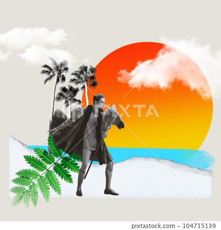 Contemporary art collage. Young man, royal person, prince, duke in vintage clothing riding on toy horse against beach background Contemporary art collage. Young man, royal person, prince, duke in vintage clothing riding on toy horse against beach background 104715139