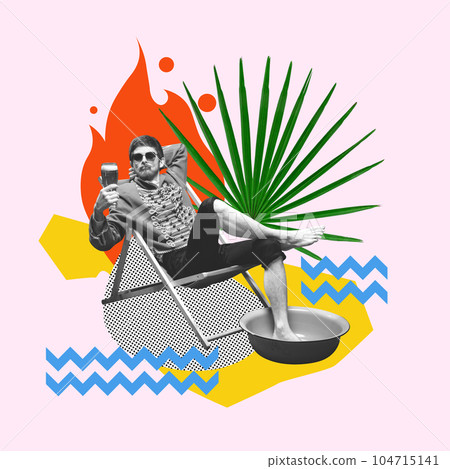 Contemporary art collage. Handsome young man in image of medieval hussar drinking beer on summer vacation. Abstract background 104715141