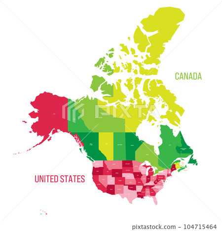 United States and Canada political map of administrative divisions. Colorful vector map with labels. 104715464