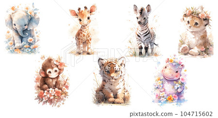 Set of cute baby woodland animals lion, hippopotamus, elephant, monkey and giraffe, zebra and tiger Illustration isolated drawings by hand. Perfect for nursery poster. 104715602